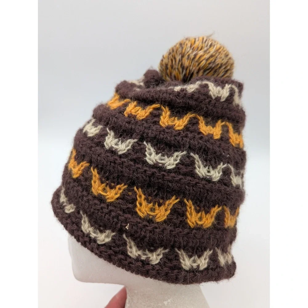 Skitops 100% Ragg Wool Fleece Lined Pom Beanie Brown Orange Knit Hat 11G32607